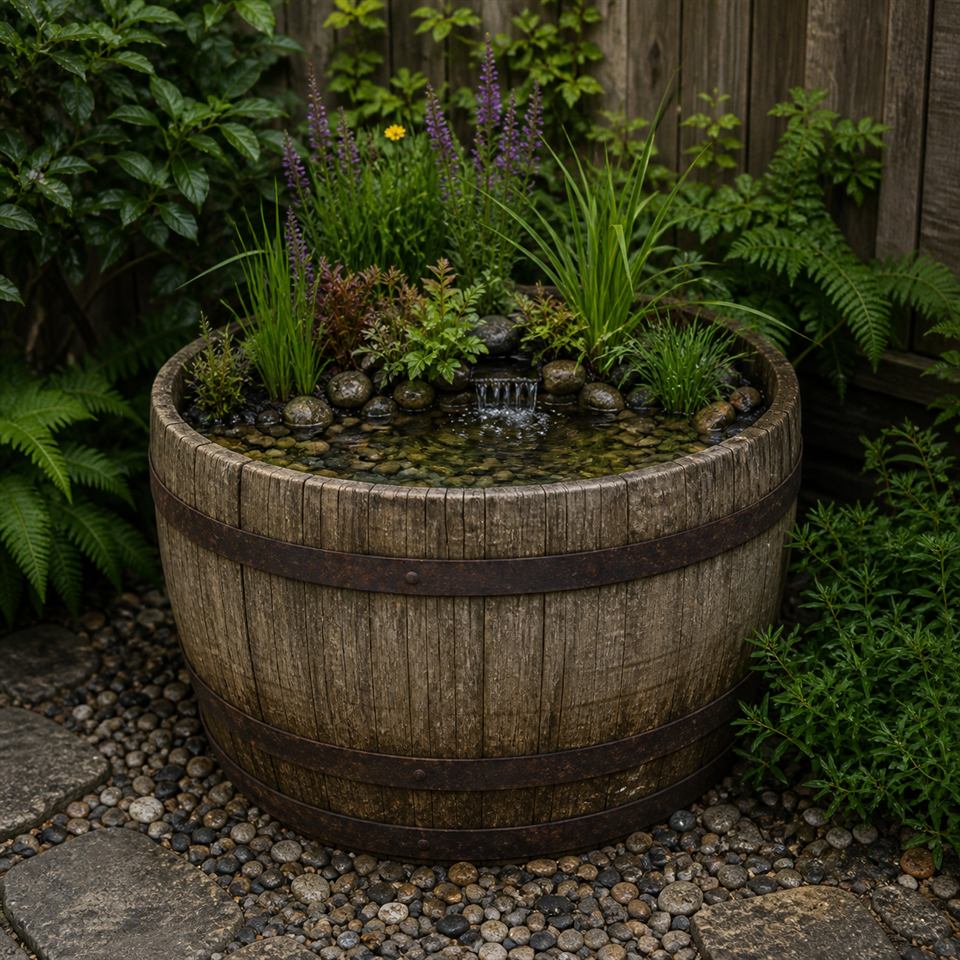 AI-generated concept visual of a possible planted water garden in an intact half wine barrel in a backyard