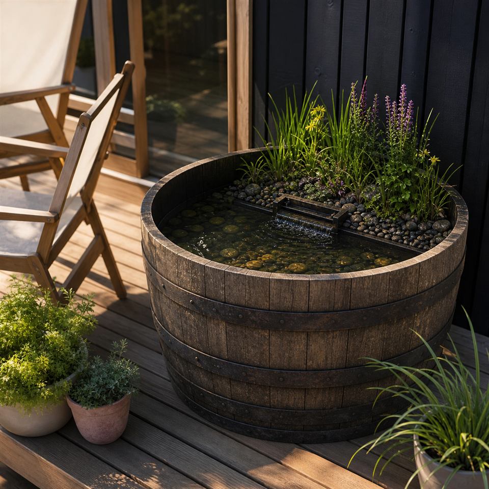 AI-generated concept visual of a possible planted water garden in an intact half wine barrel on a timber deck