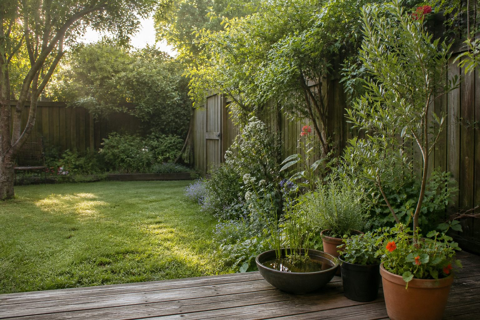 A calm backyard with flowering pots and a small planted water bowl on a timber deck